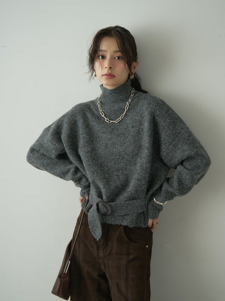 [予約]ウエストベルトハイネックニットトップス/darkgray