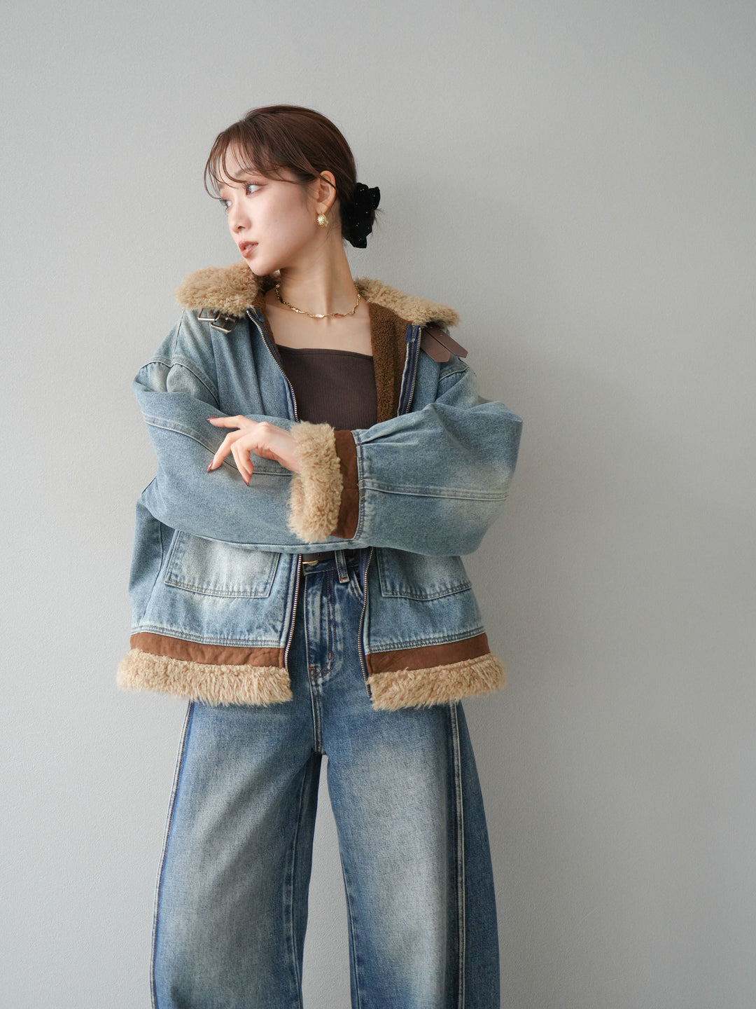 [予約]スタンドカラーファー×デニムジャケット/lightblue