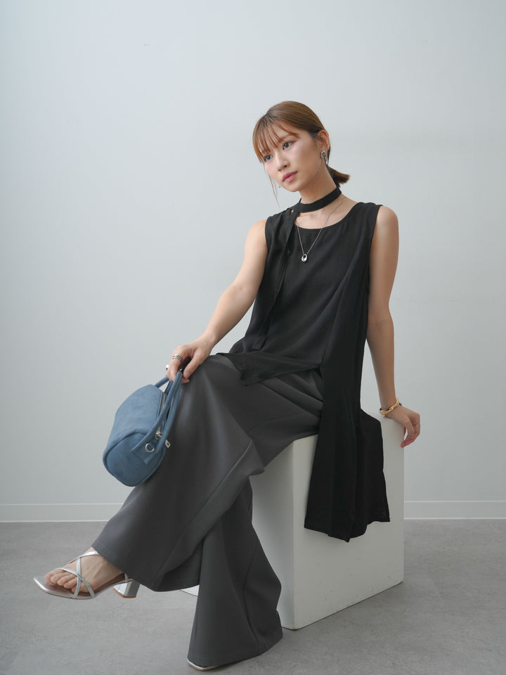 [SET]タイ付アシメヘムノースリトップス+ベルトループデザインワイドパンツ(2set)