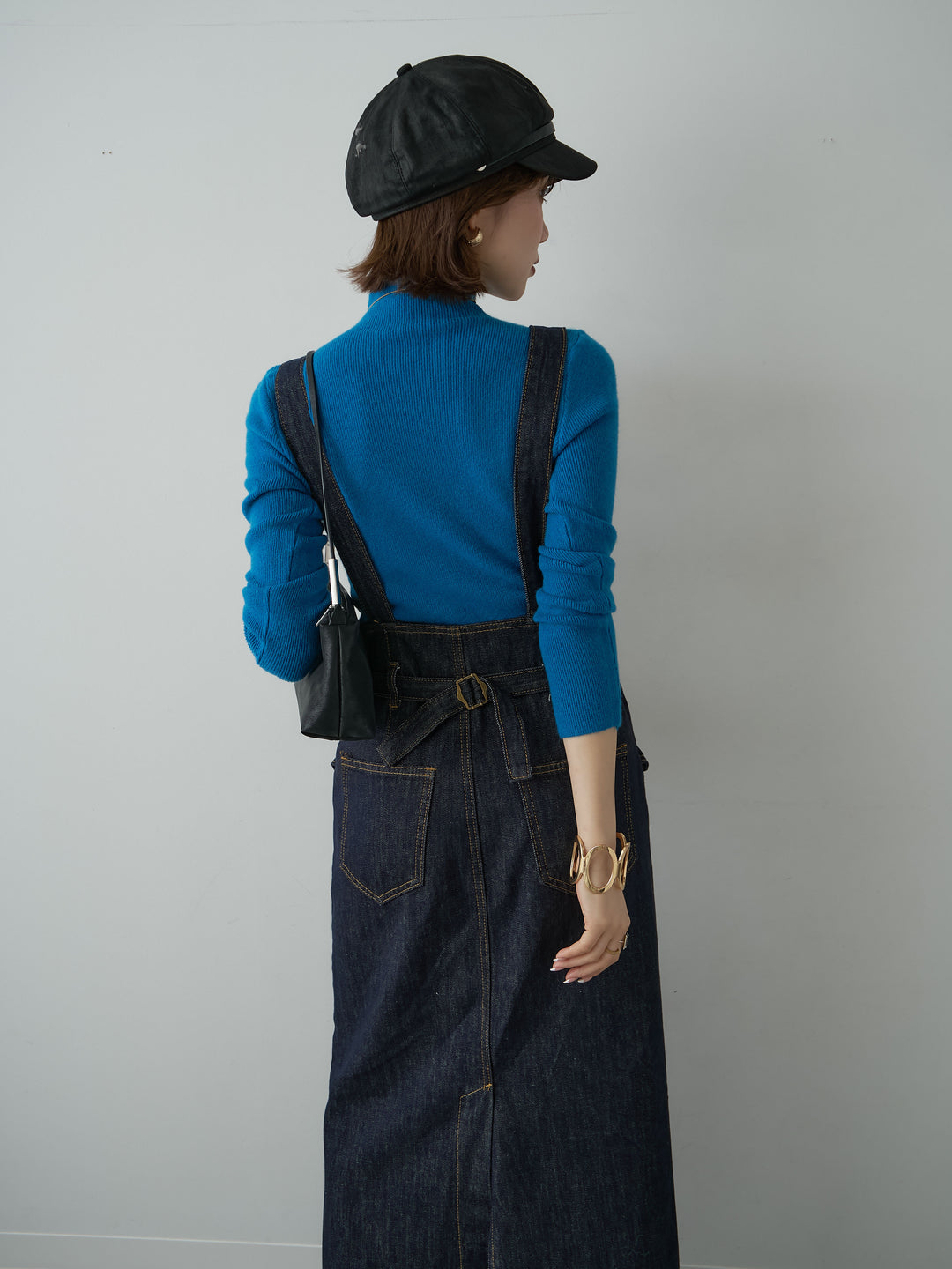 [SET]Iラインデニムジャンパースカート+リブモックネックニットトップス(2set)