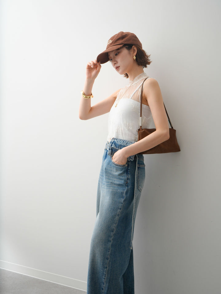 [SET]シースルーストレッチレースノースリトップス+デニムポーチ付ニータックワイドデニムパンツ(2set)