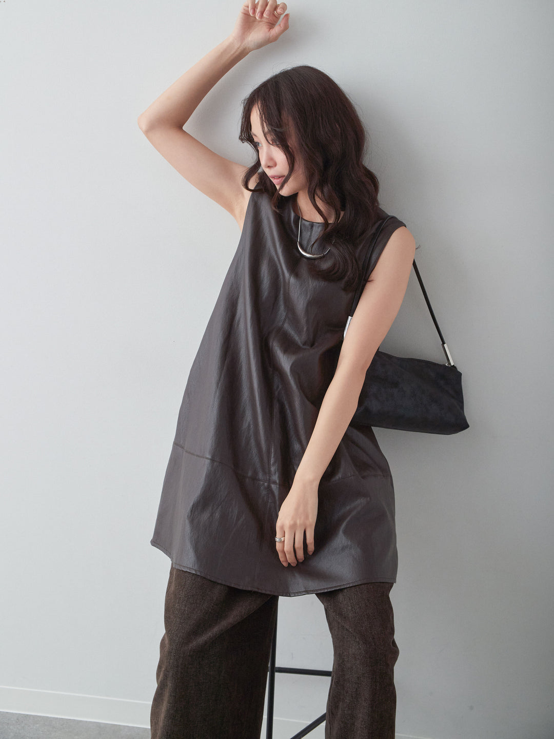 [SET]レザータッチミニワンピース+ベロアデニムタックワイドパンツ(2set)