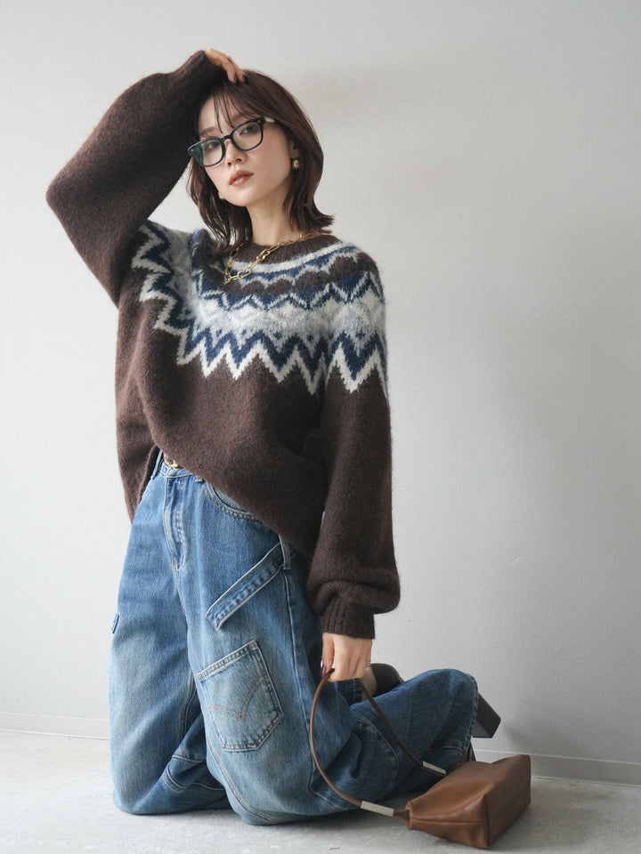 [SET]求心柄オーバーニットプルオーバー+ペインターカーブデニムパンツ(2set)