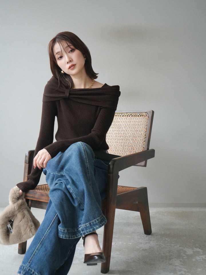 [予約]リボンモチーフオフショルリブニットトップス/brown