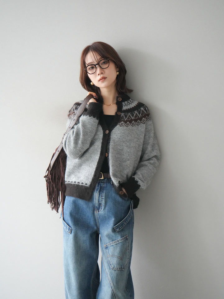 [SET]ノルディック柄ニットカーディガン+ペインターカーブデニムパンツ(2set)