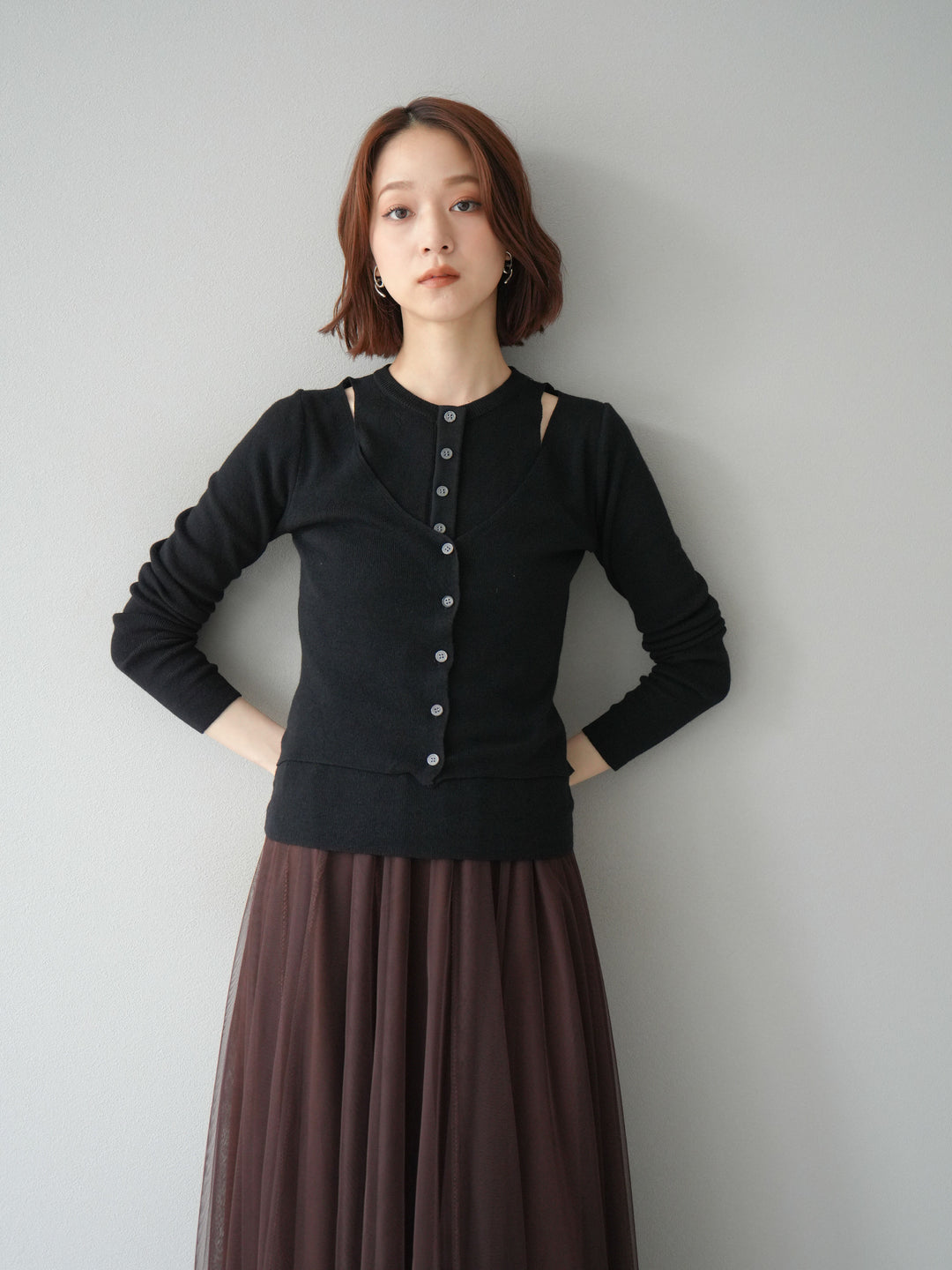 [予約]レイヤードデザインニットカーディガン/ブラック