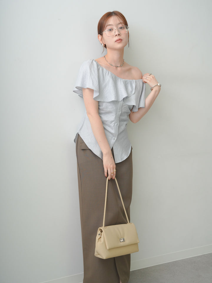 [SET]ラッフルオフショルブラウス+クレープデシンフラップ付きストレートスカート(2set)