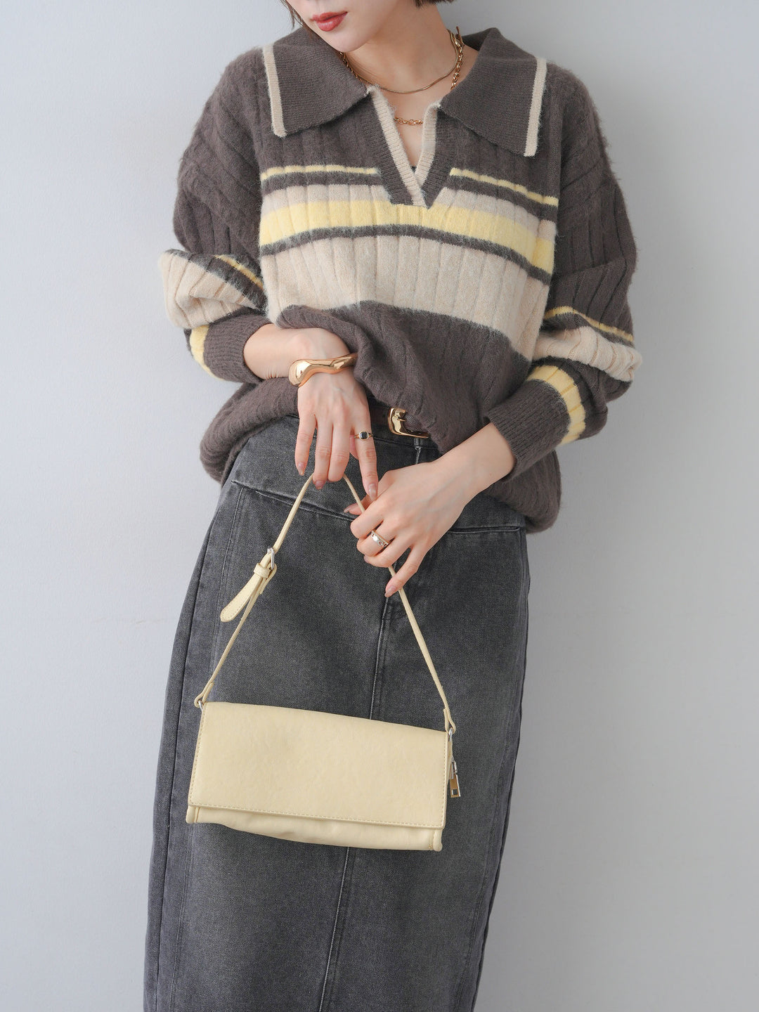 [予約]マルチボーダー起毛スキッパーニットトップス/mochacharcoal