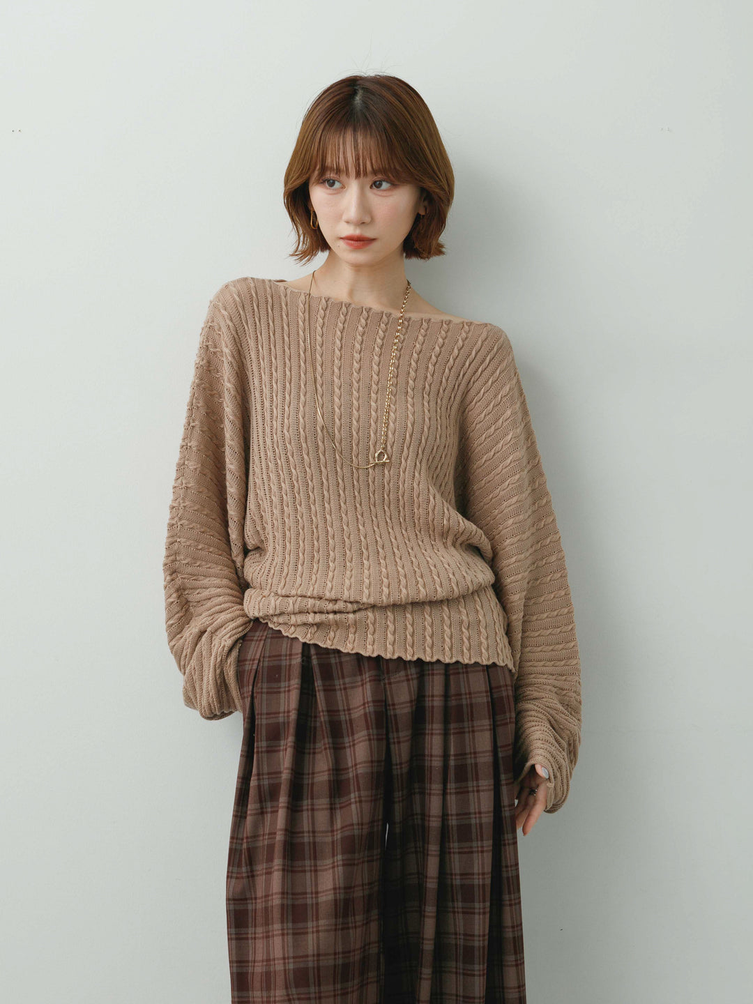 [予約]リブケーブルドルマンニットトップス/beige
