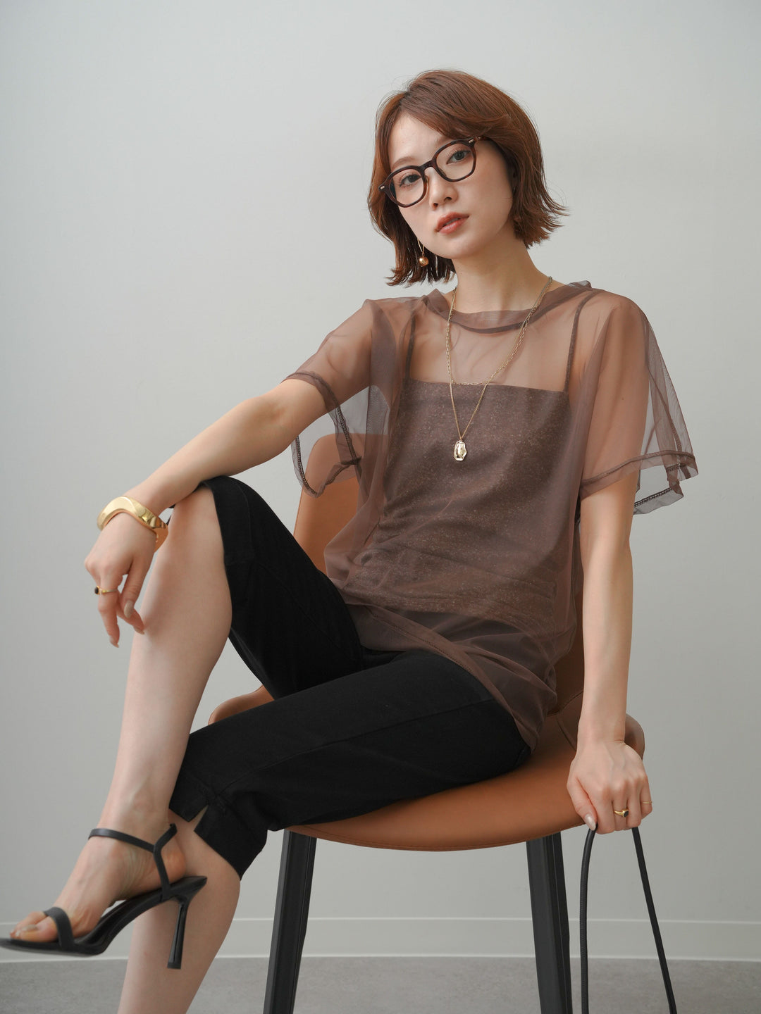 [SET]インナーキャミ付シアーオーバーTEE+ストレッチカプリパンツ(2set)