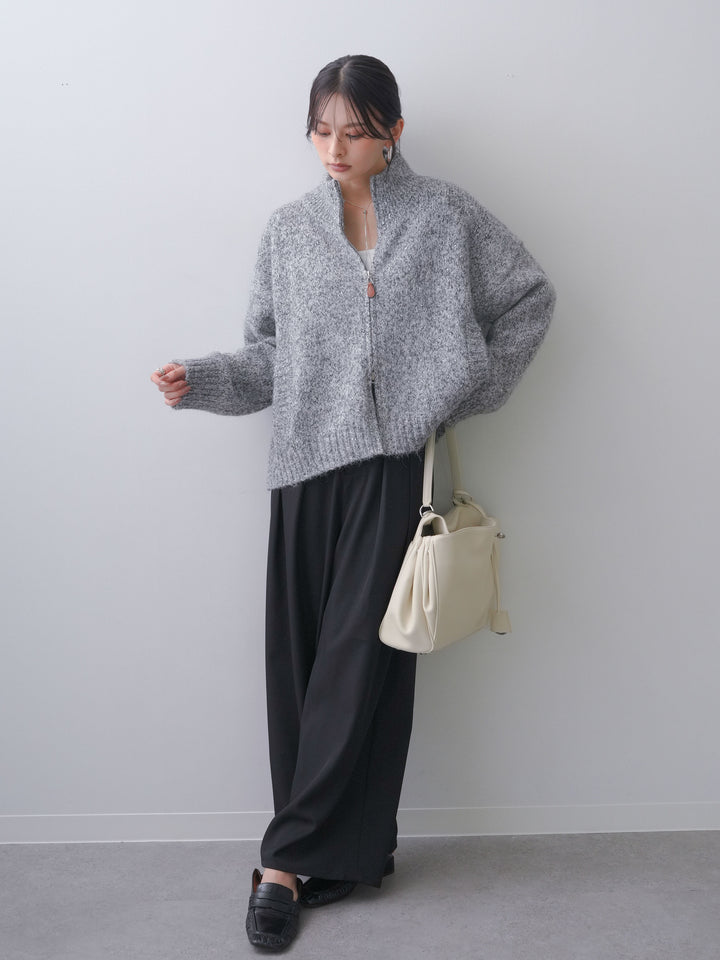 [SET]メランジダブルジップニットブルゾン+ツイルタックワイドパンツ(2set)