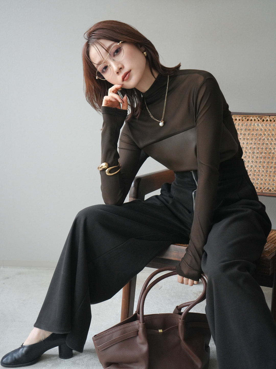 [予約]レザー切替プチネックシアートップス/khaki