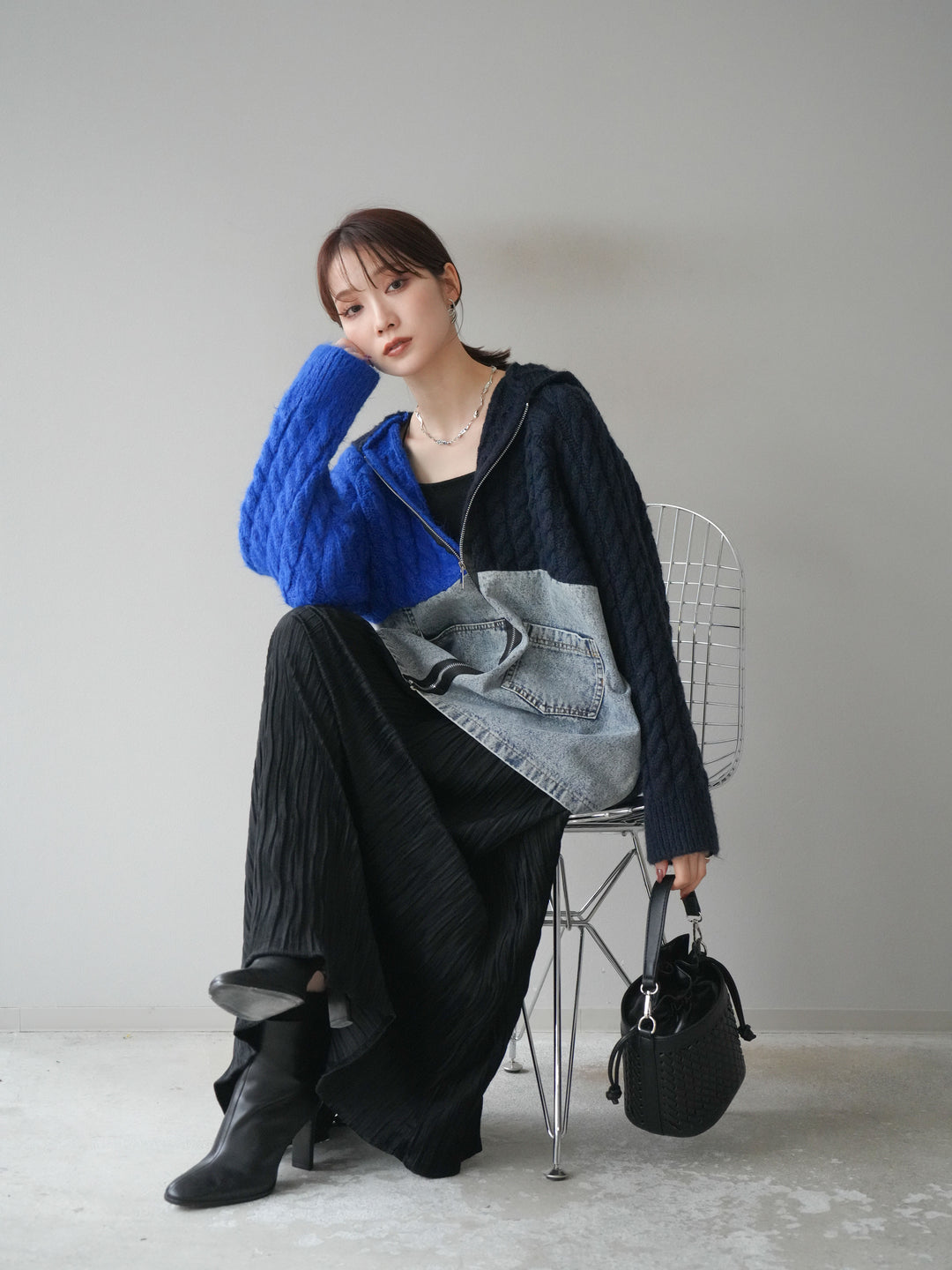 [予約]デニム×バイカラーニットZIPフーディ/blue