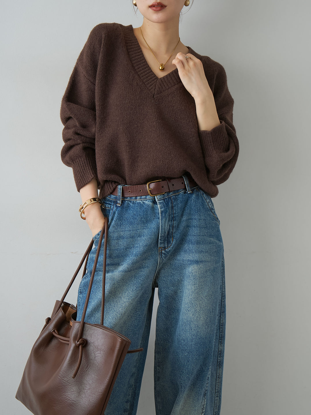[予約]Vネックワイドショートニット/brown
