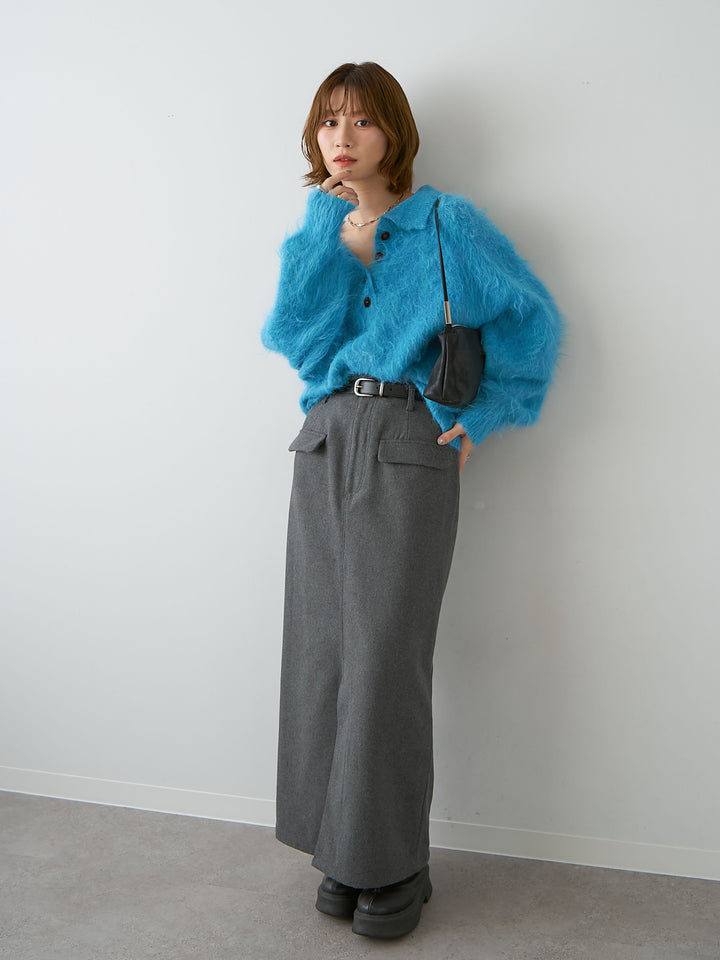 [SET]ヘンリーシャギーニットトップス+メルトンフラップ付ストレートスカート(2set)