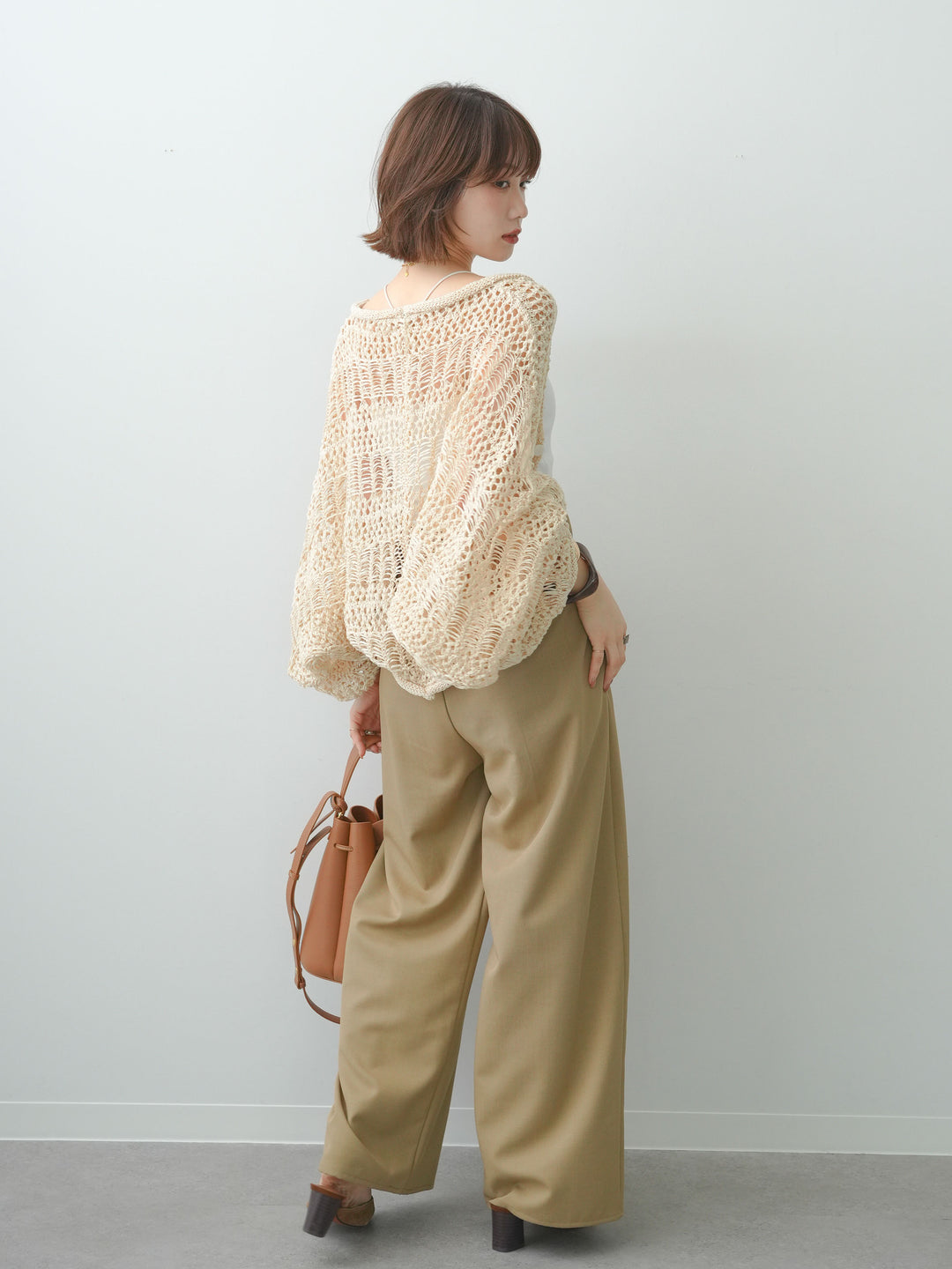[SET]ミックスメッシュニットボレロ+クレープデシンタックワイドパンツ(2set)