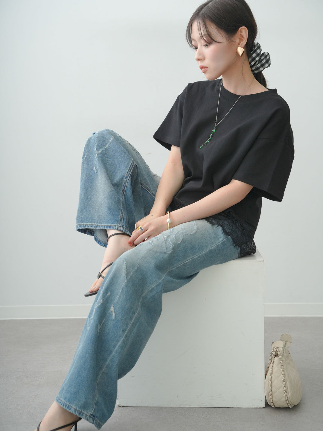 [SET]アシメレースヘムワイドTEE+グラフィックスクラッチワイドデニム(2set)