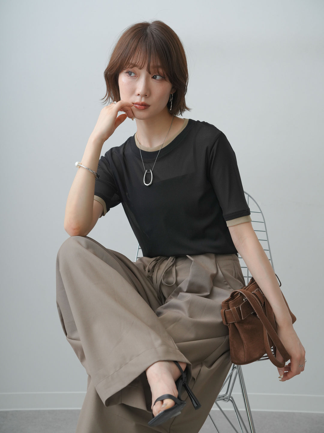 [SET]トリムレイヤードシアー半袖トップス+トリムレイヤードシアー半袖トップス(2set)