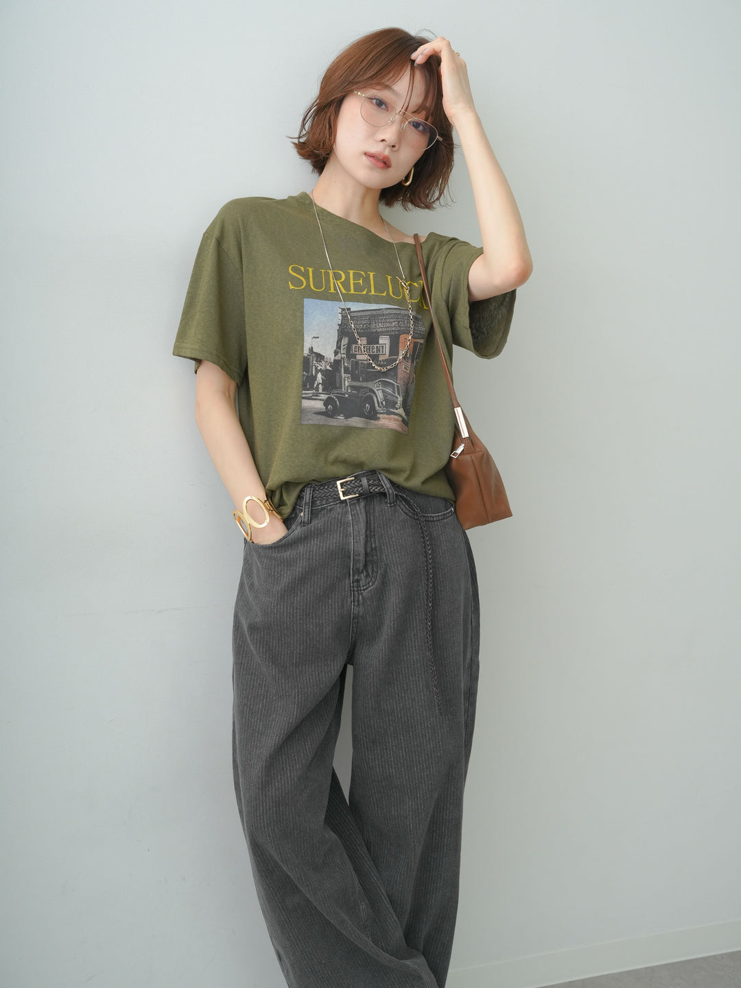 [SET]ワイドネックプリントTEE+ニュアンスウォッシュカーブデニム(2set)