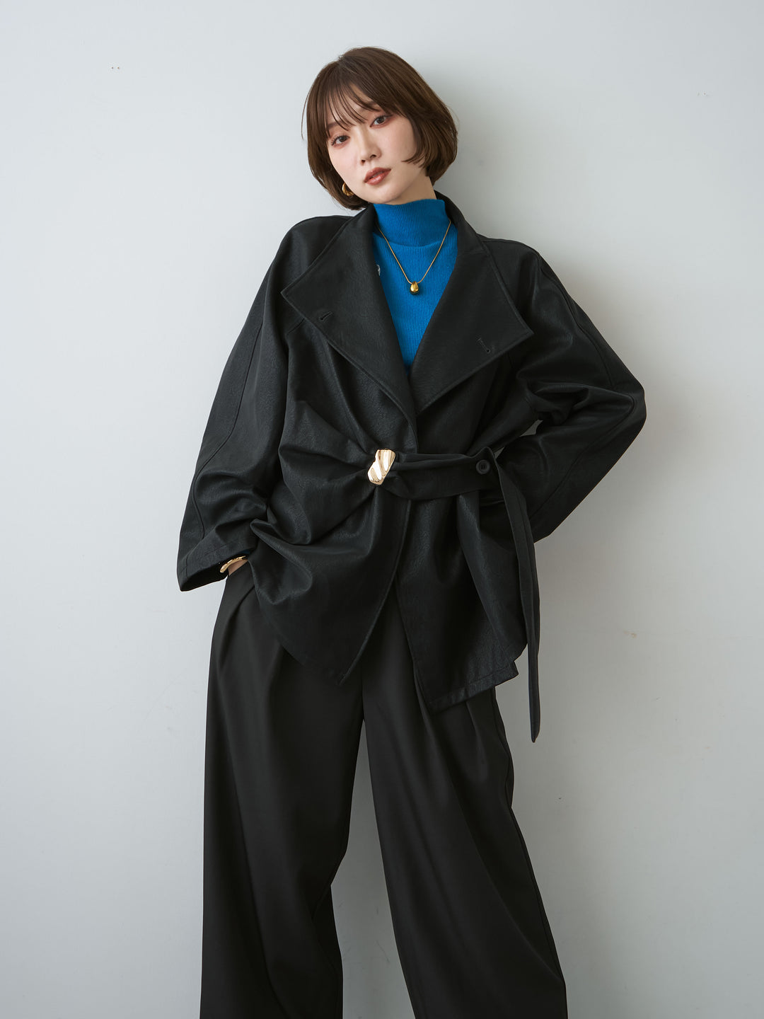 [SET]メタルモチーフレザータッチアシメジャケット+ツイルタックワイドパンツ(2set)