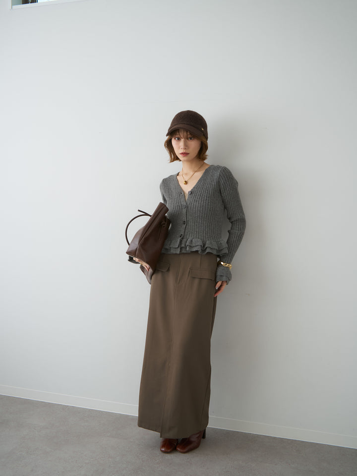 [SET]アルパカタッチフリルカーディガン+クレープデシンフラップ付きストレートスカート(2set)