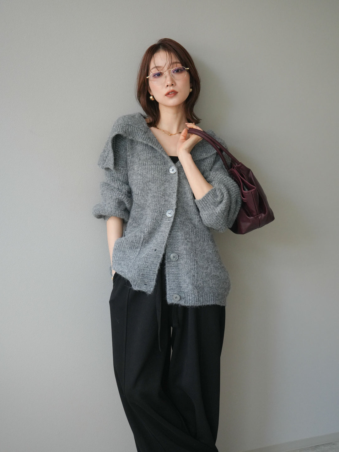 [予約]襟付きボタンオーバーニットカーディガン/gray