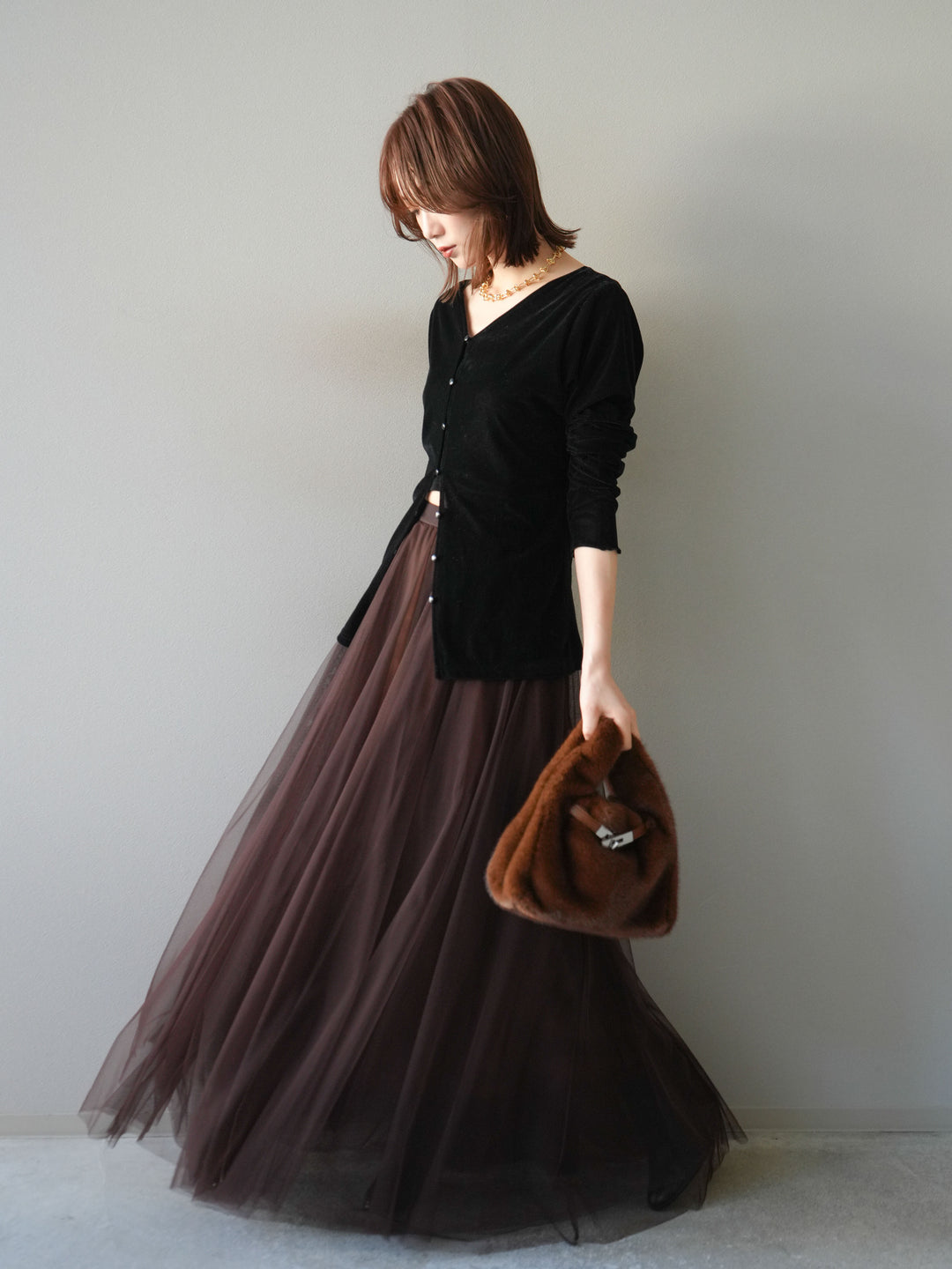 [予約]ベロアカーディガン/black