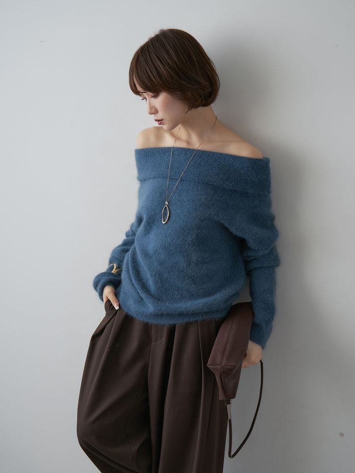 [SET]オフショルソフトシャギーニットトップス+ツイルタックワイドパンツ(2set)