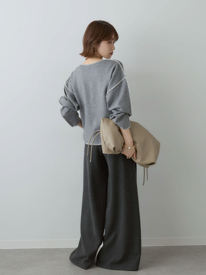 [SET]バイカラーステッチメタルボタンカーディガン+カップ付テレコリブベアキャミソール+ベルト付ポケットデザインワイドストレートパンツ(3set)
