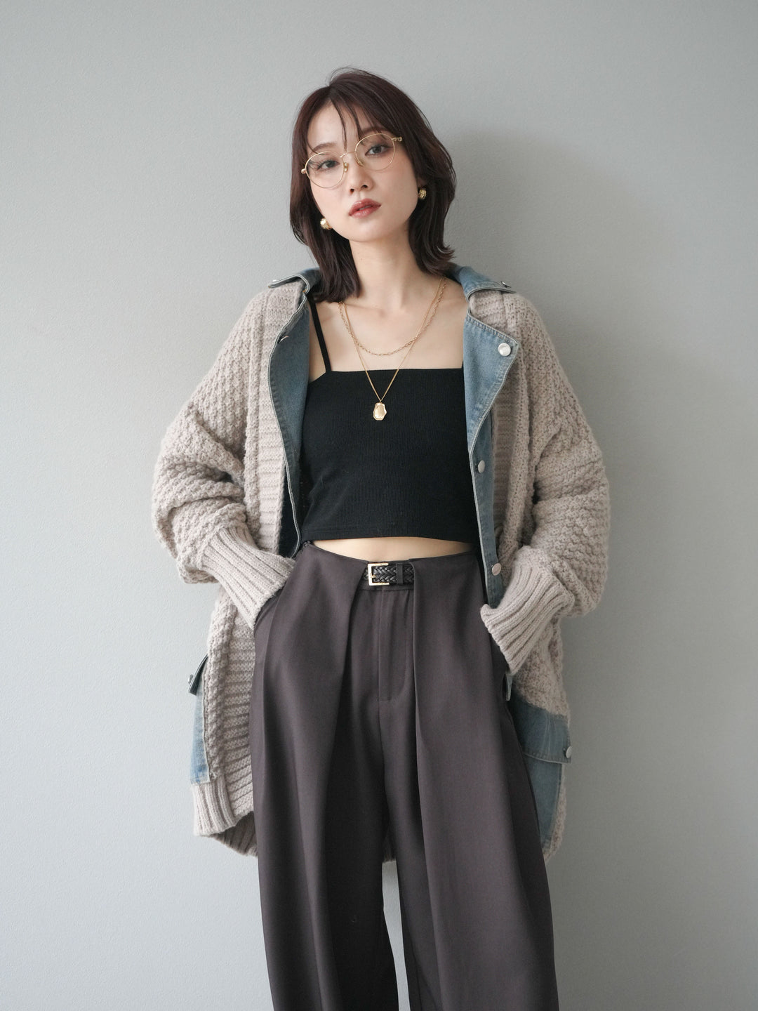 [SET]デニム襟レイヤードニットジャケット+ベルトループデザインワイドパンツ(2set)