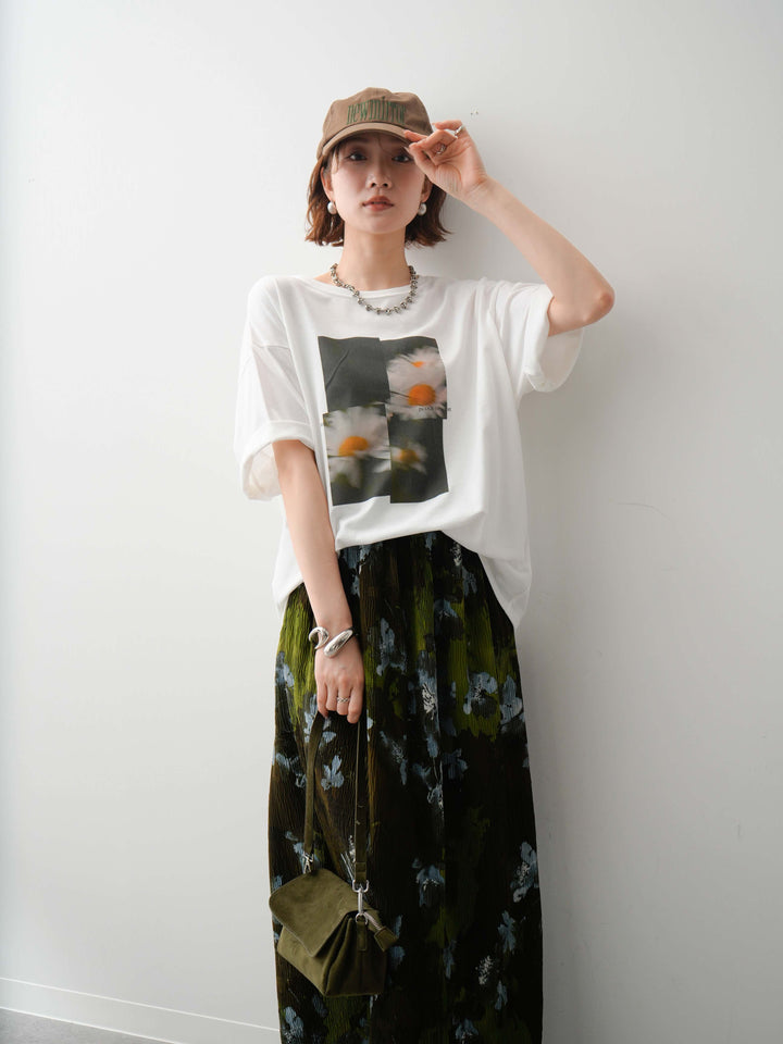 【着回しセット】フラワーフォトTEE+フラワープリントドレープタックパンツ+フラワープリントIラインギャザースカート(3set)