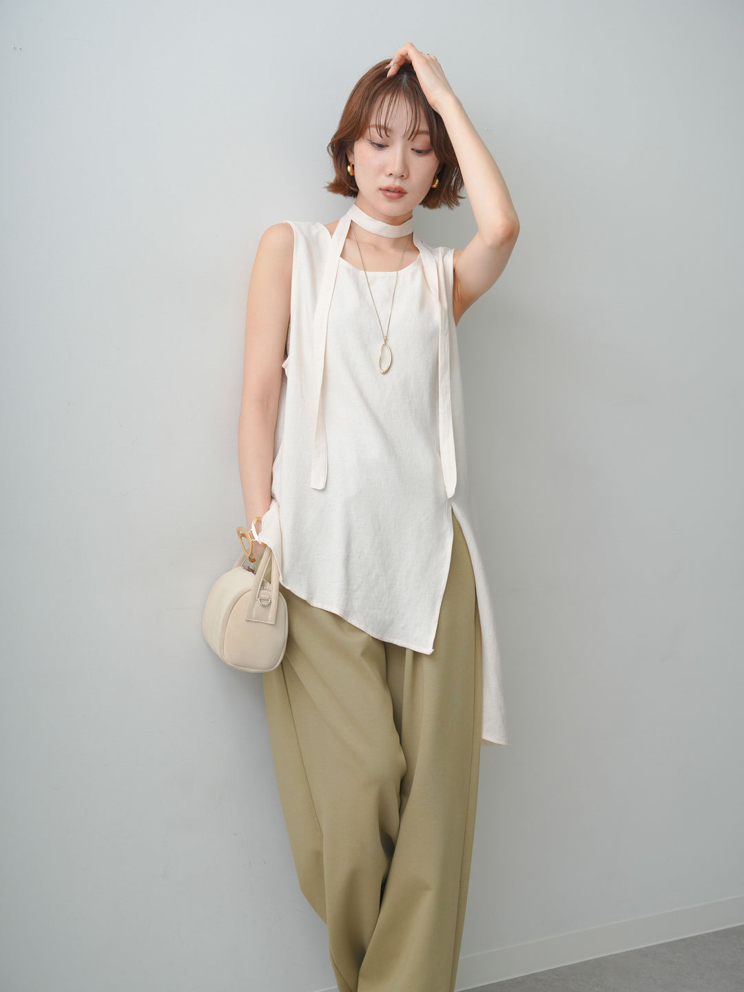 [SET]タイ付アシメヘムノースリトップス+リラックスドレープスウェットパンツ(2set)