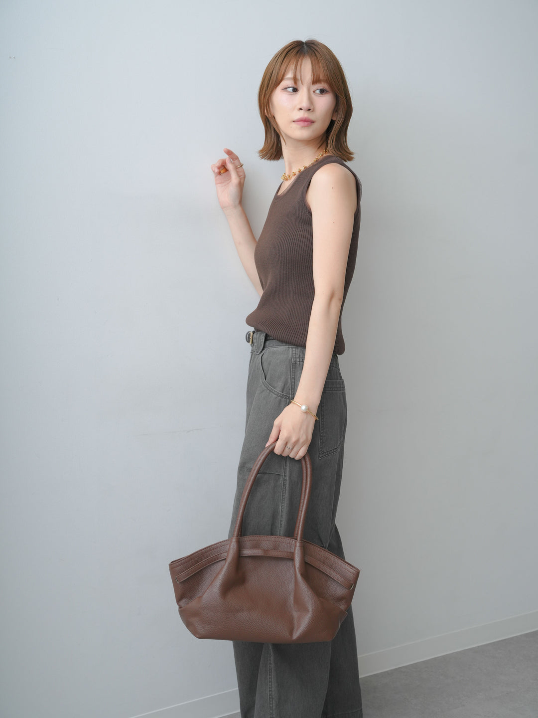 [SET]チュールトリムリブニットタンクトップ+ウォッシュタックカーブパンツ(2set)