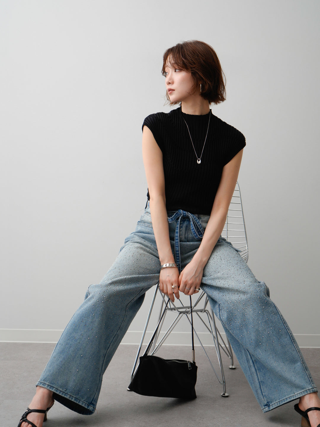 [予約]モードラインリブフレンチニットトップス/black