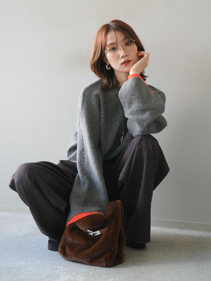 [予約]袖レイヤード配色ニットプルオーバー/charcoal