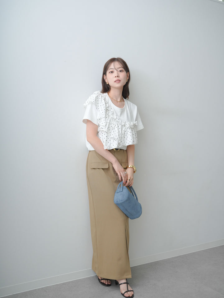 [SET]ドットギャザーフリルデザインTEE+クレープデシンフラップ付きストレートスカート(2set)