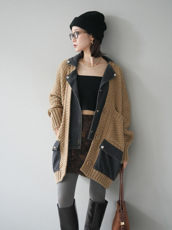 [SET]デニム襟レイヤードニットジャケット+デニム襟レイヤードニットジャケット(2set)