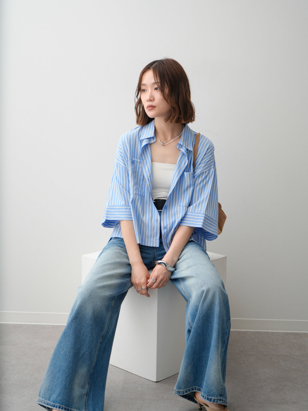【套裝】條紋雙口袋半截襯衫 + 條紋雙口袋半截襯衫（兩套）