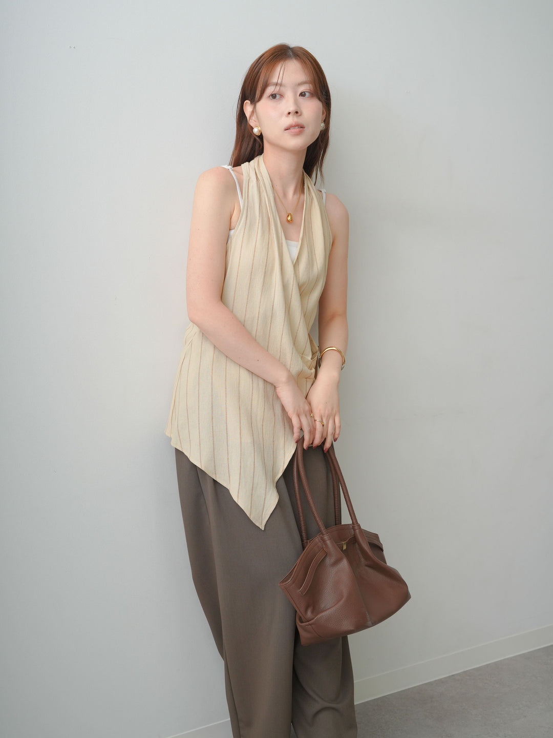 [SET]ストライプカシュクールジレ+クレープデシンタックワイドパンツ(2set)