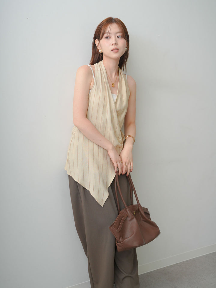[SET]ストライプカシュクールジレ+クレープデシンタックワイドパンツ(2set)