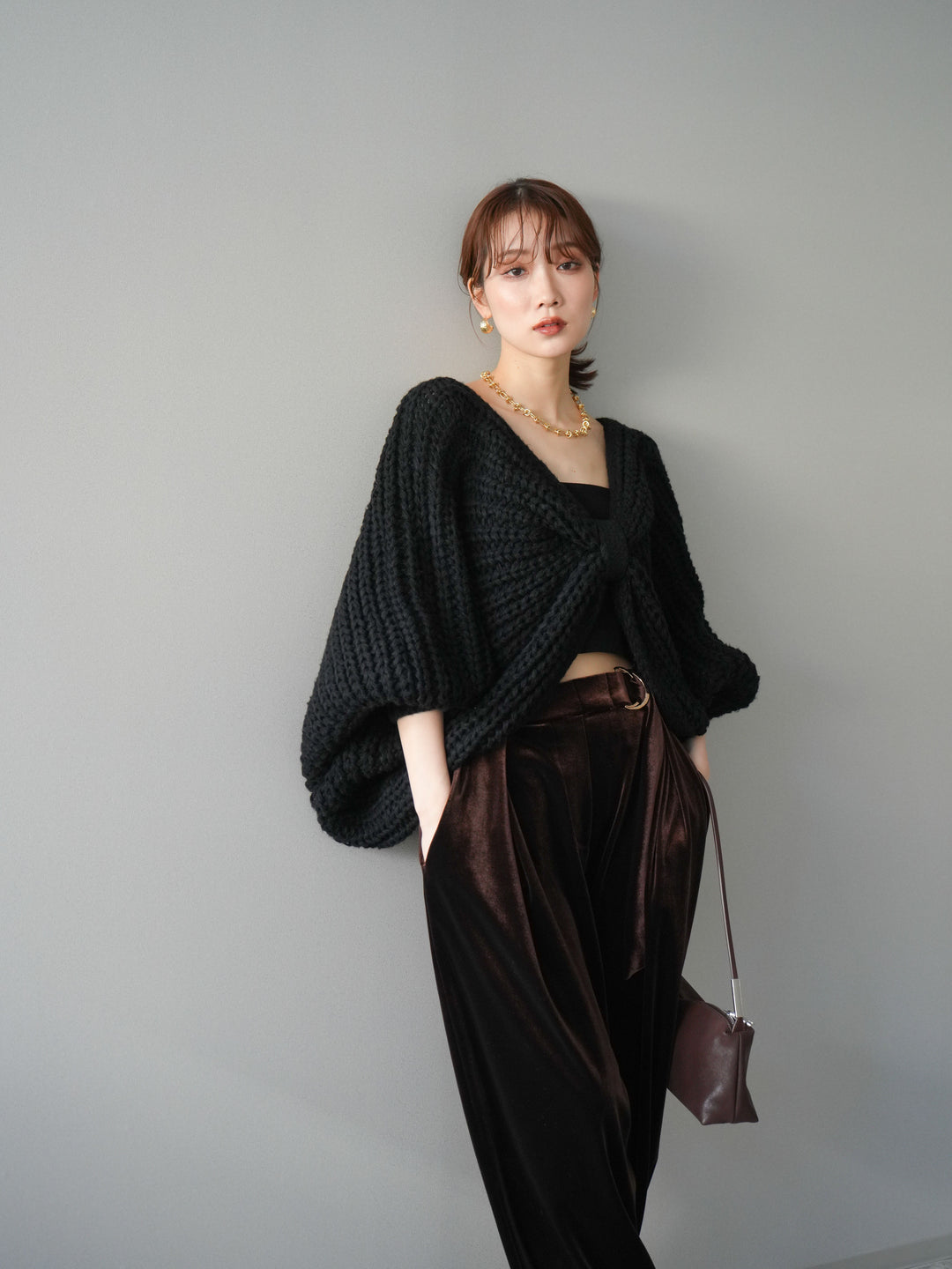 [予約]ローゲージ畦編みドルマンニットボレロ/black