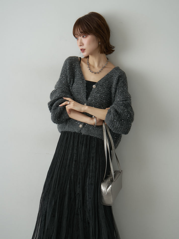 [SET]スパンコールデザインボタンカーディガン+ベロアレイヤードチュールフレアスカート(2set)