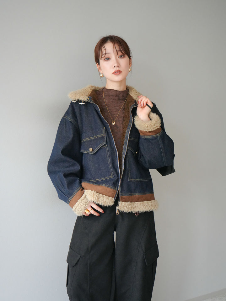 [予約]スタンドカラーファー×デニムジャケット/indigo