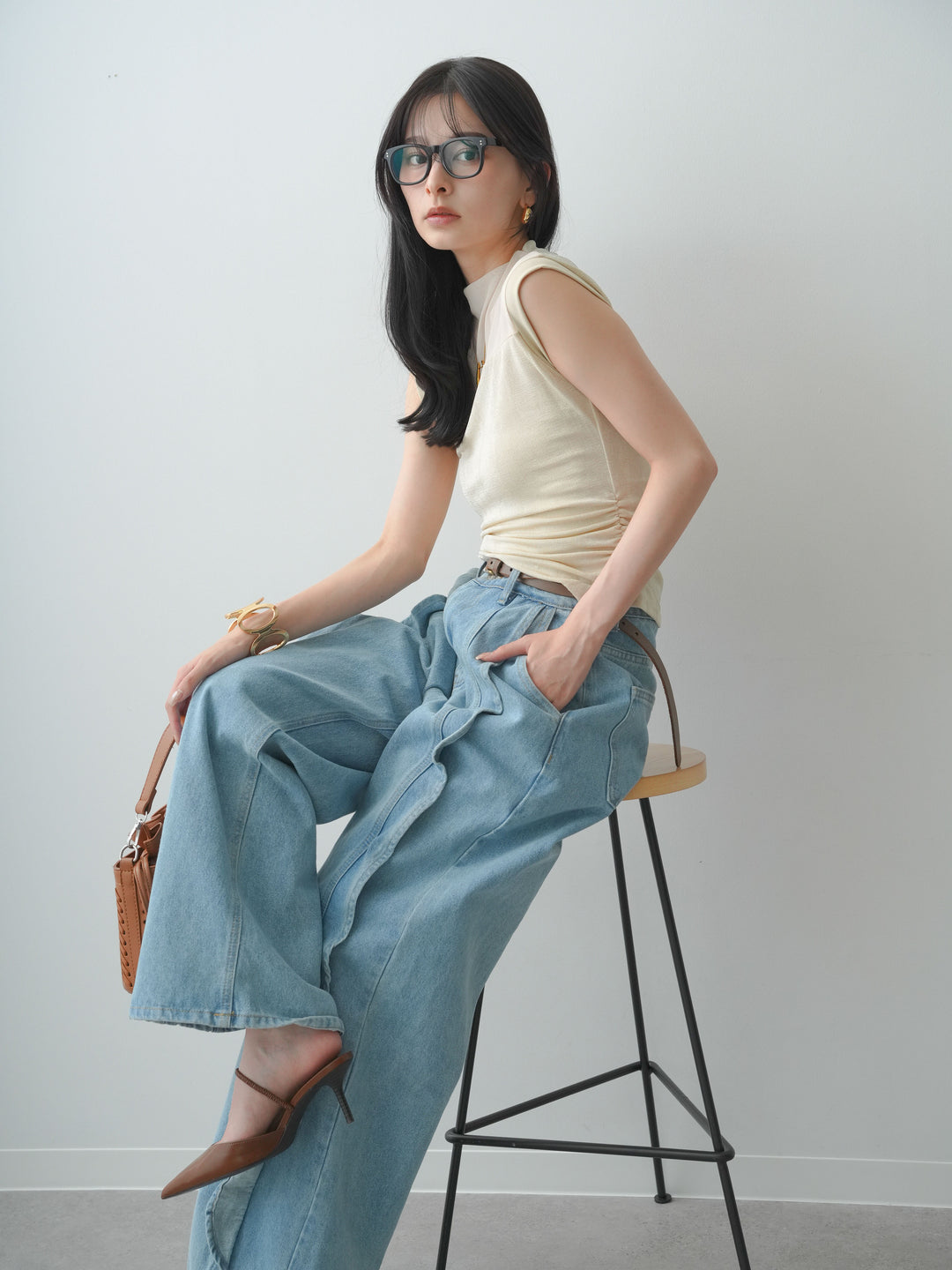 [予約]ラメ切替シアートップス/beige