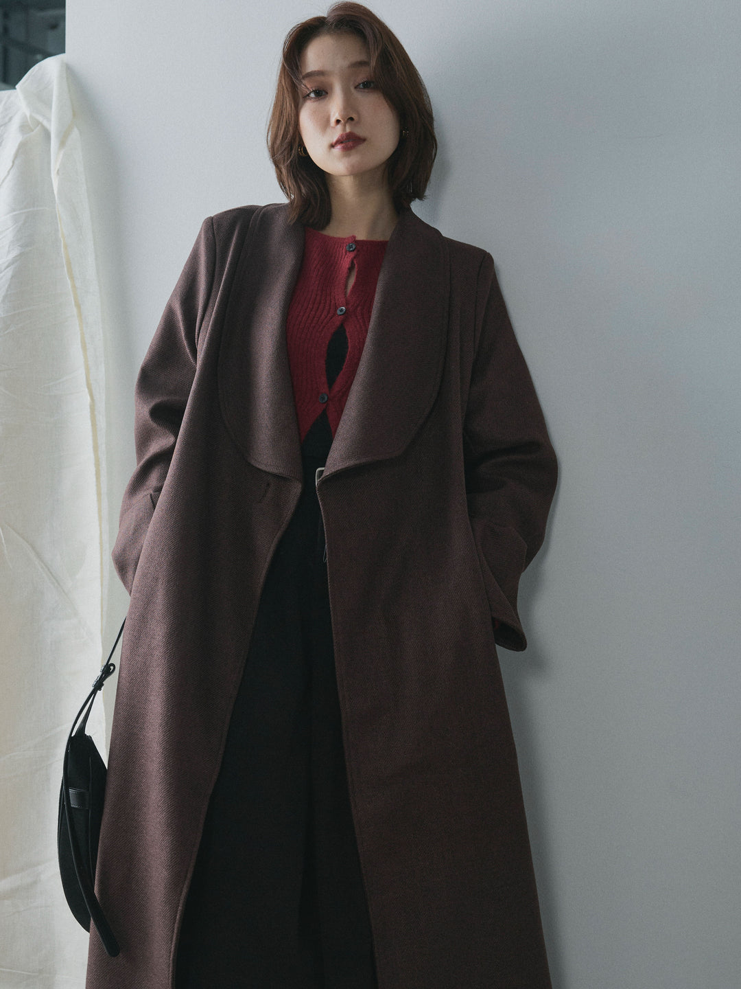 【Allure】[SET]ツイードタッチロングコート+ベルト付ウールタッチミディアムパンツ(2set)