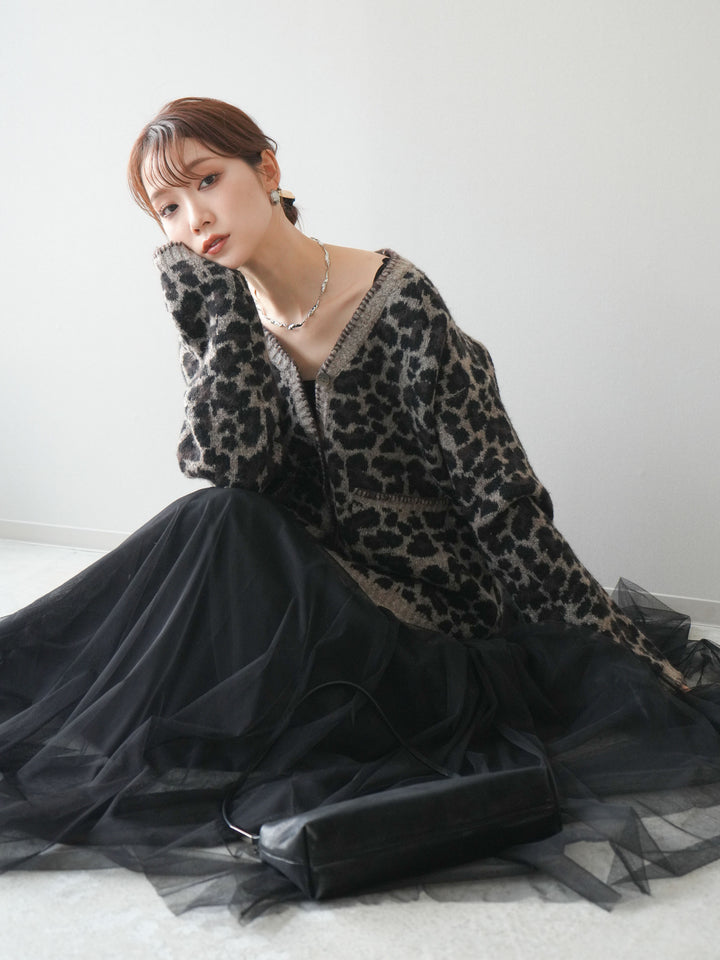 [予約]アニマル柄ステッチニットカーディガン/brown