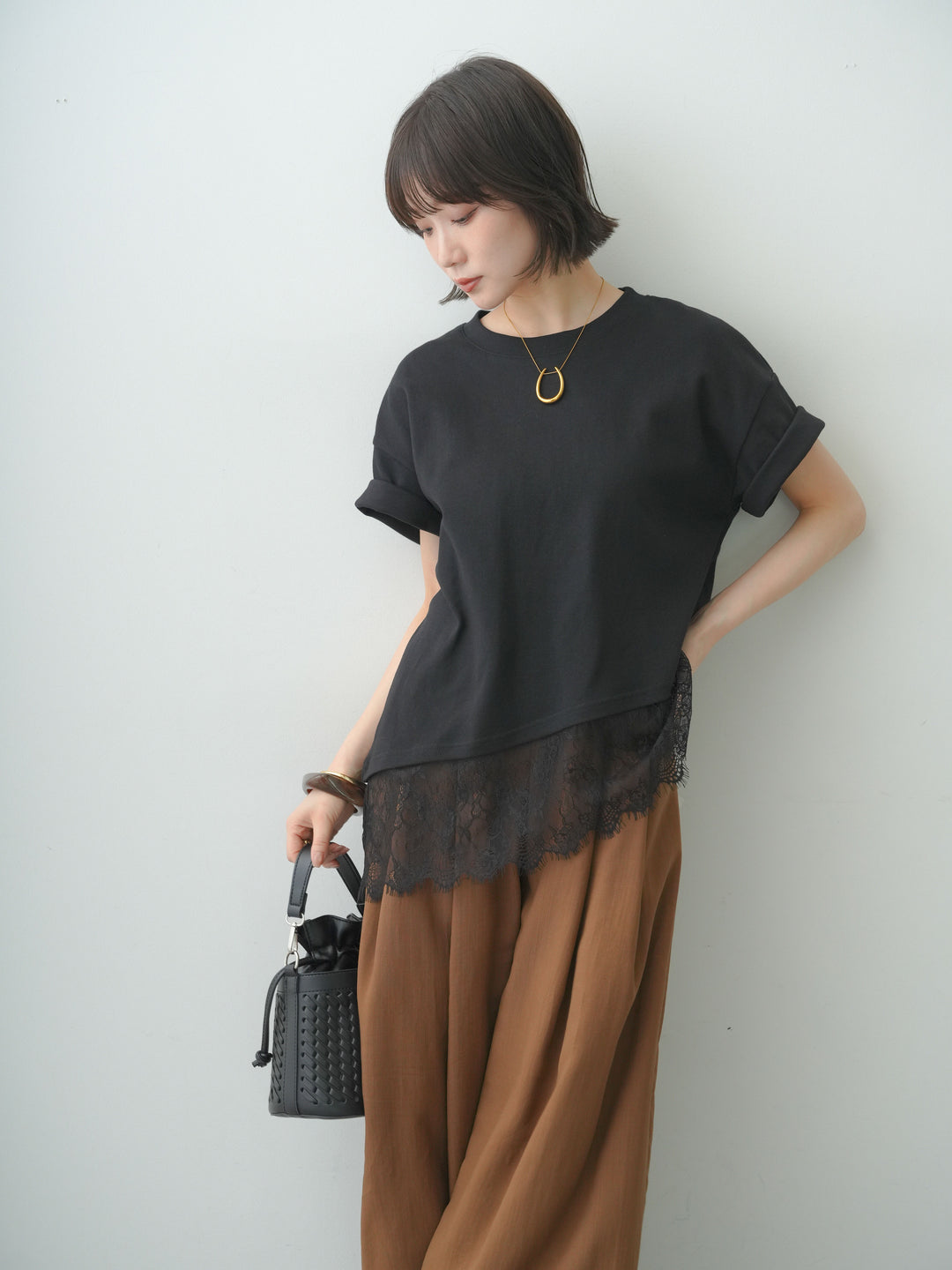 [SET]アシメレースヘムワイドTEE+ベルトデザインタックドレープワイドパンツ(2set)