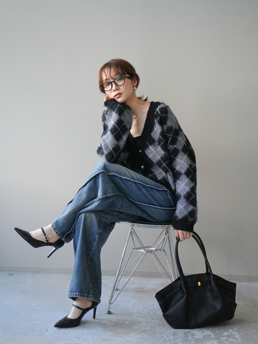 [予約]アーガイルシャギーニットカーディガン/gray