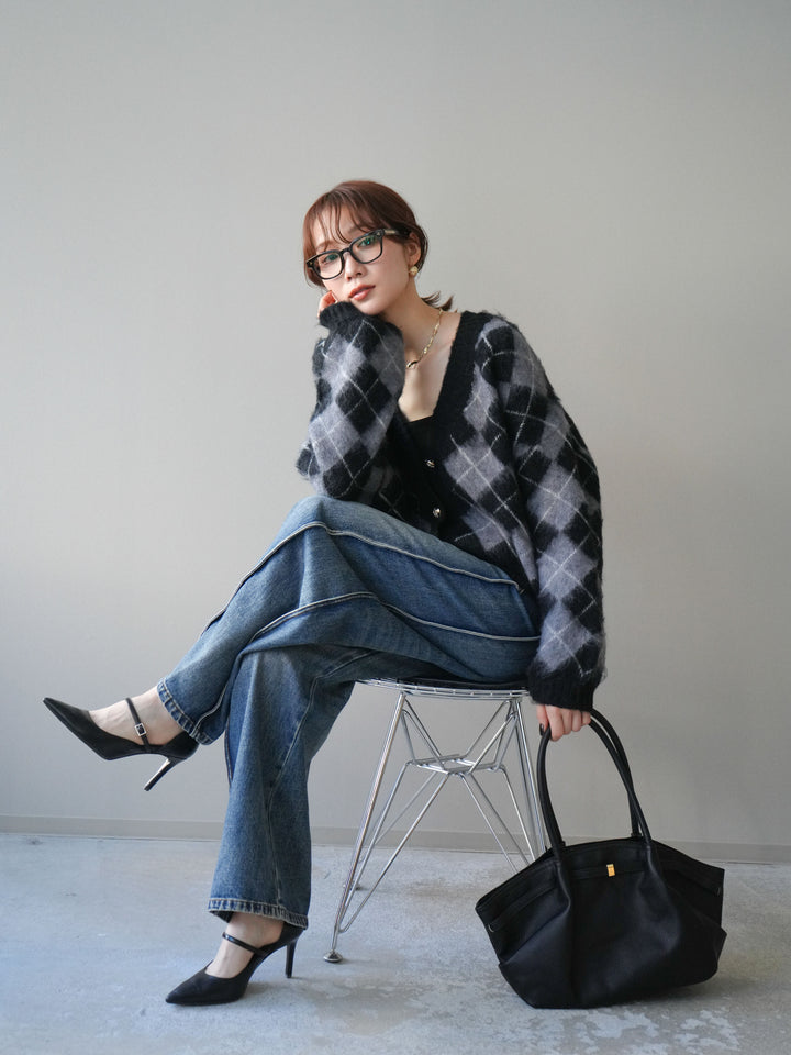 [予約]アーガイルシャギーニットカーディガン/gray