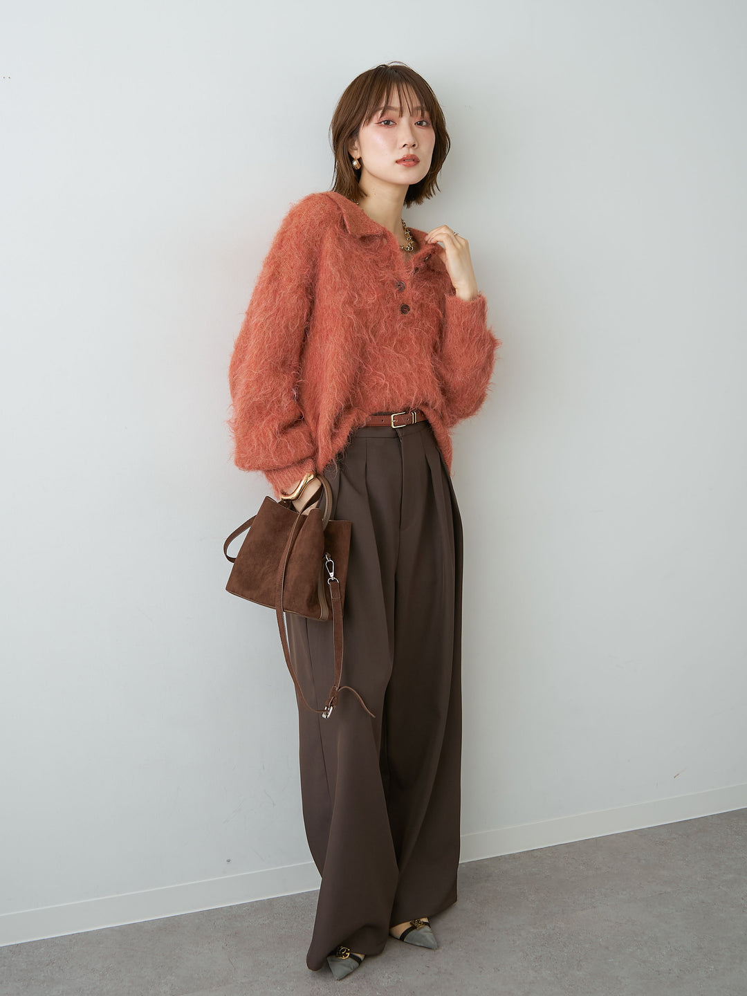 [SET]ヘンリーシャギーニットトップス+ツイルタックワイドパンツ(2set)